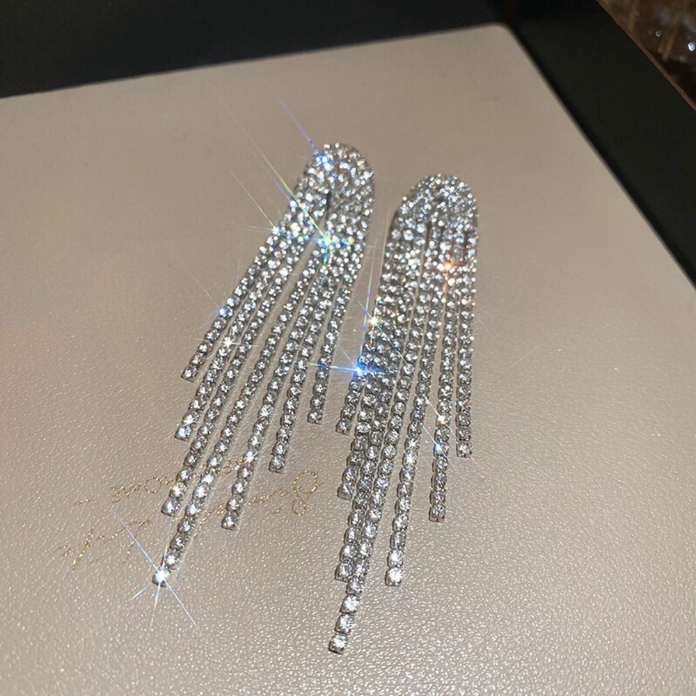 Crystal Fringe Drop Earrings - Silver Rhinestone Dangle